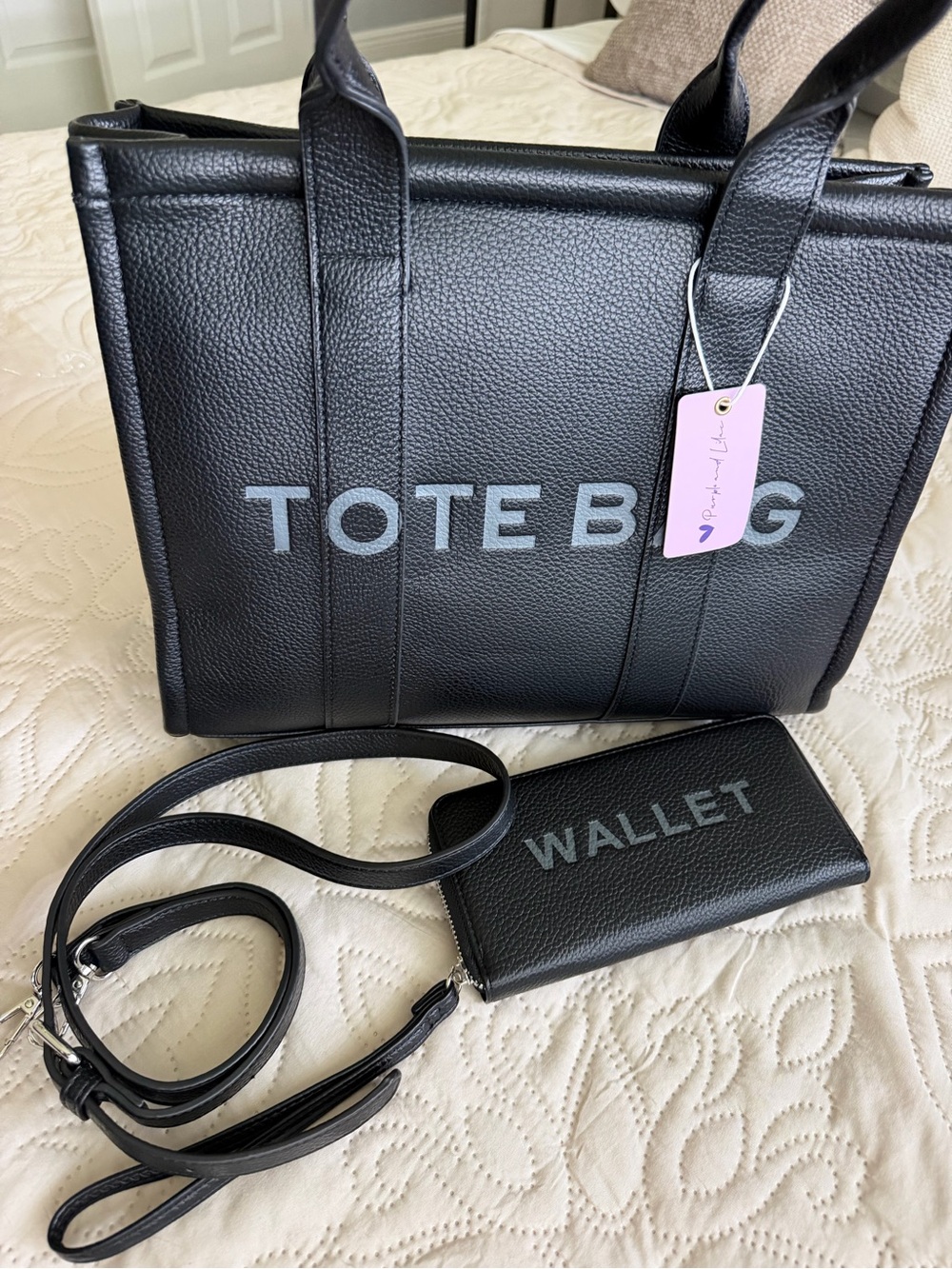 Classic Black Tote Bag with Bold Lettering NWT - Picture 3 of 13
